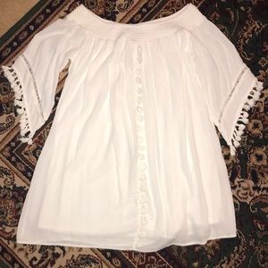 Red Camel White Lined Off Shoulder Tasseled Dress